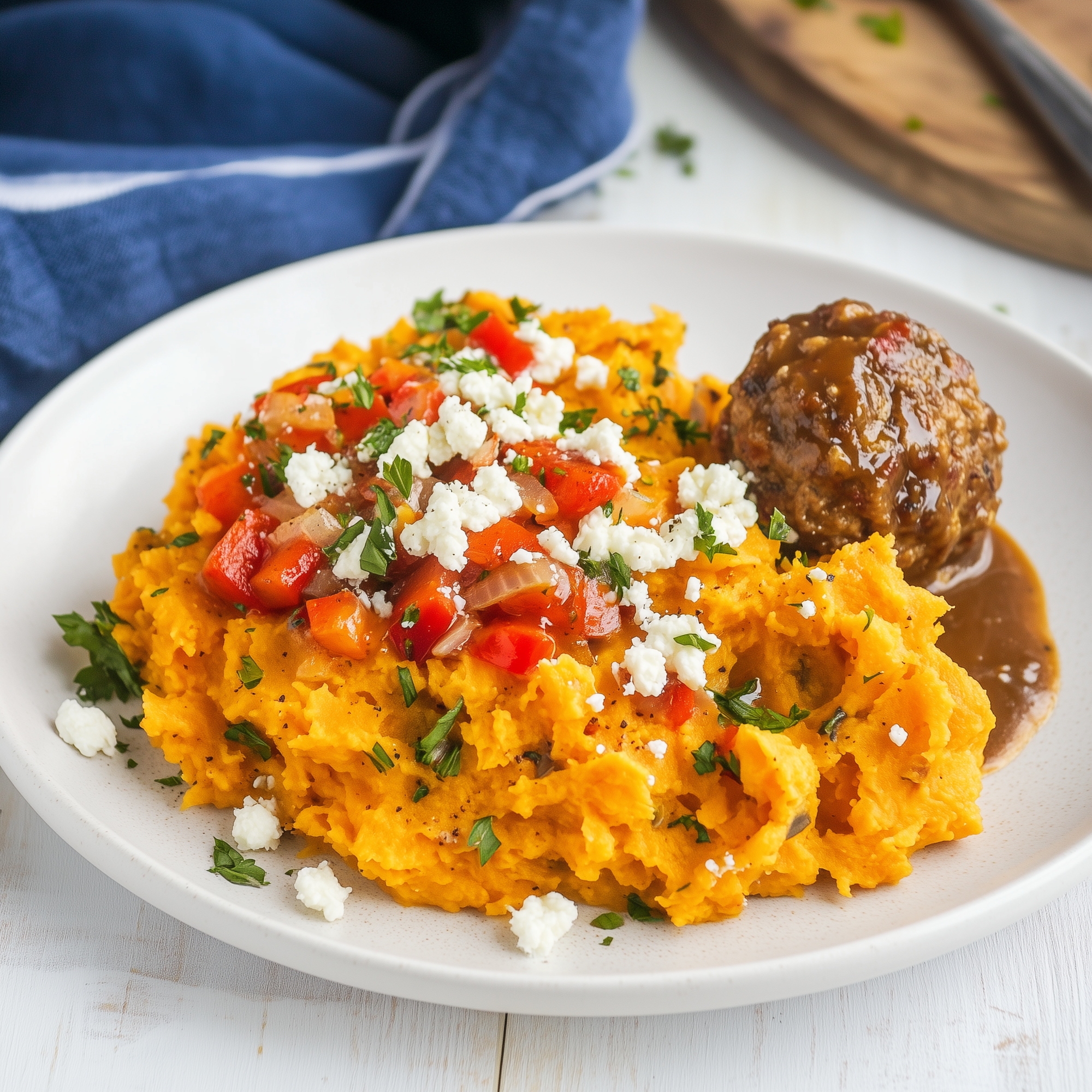 Zomerse stamppot van zoete aardappel&amp;andijvie met vegaballetjes! (vega)