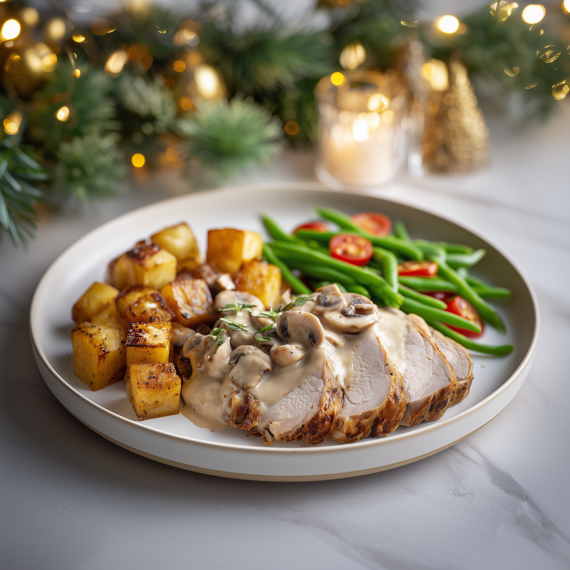 Varkenshaas in champignonsaus met knolselderijblokjes en haricotsverts (koolhydraatarm)
