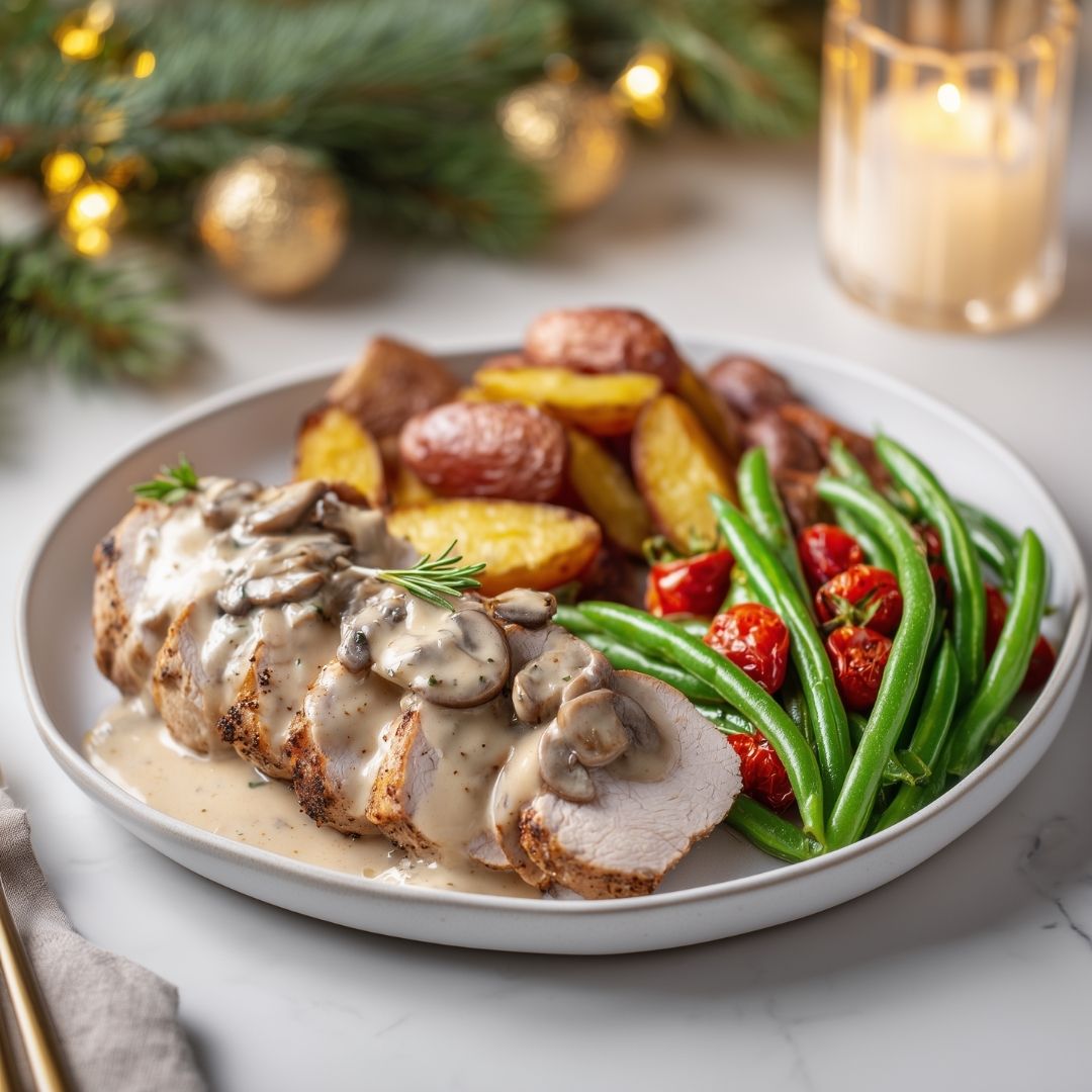 Varkenshaas in champignonsaus met roseval aardappels, Haricotsverts en tomaat