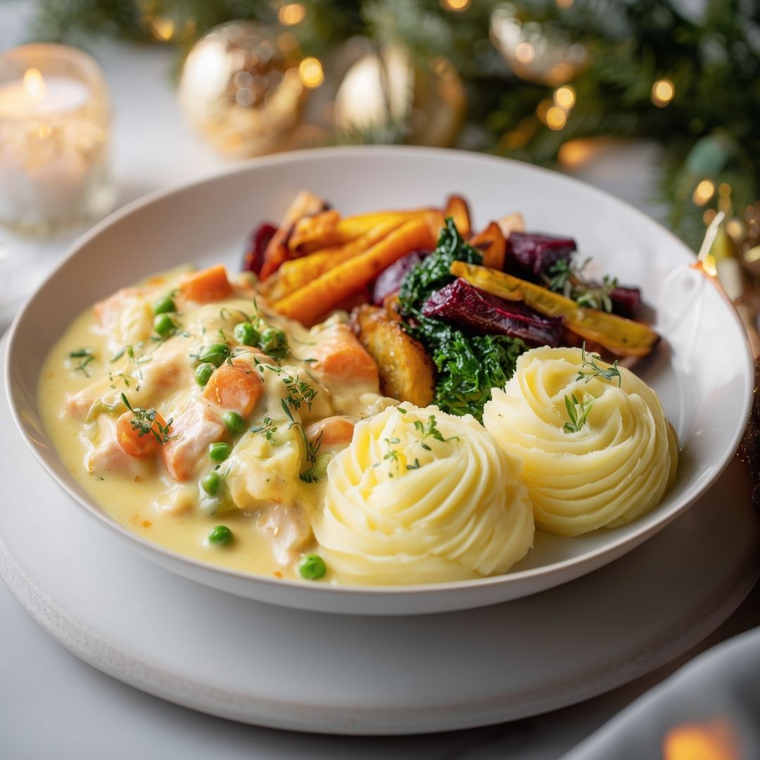 Visstoof met rozetten aardappelpuree en vergeten groentemix