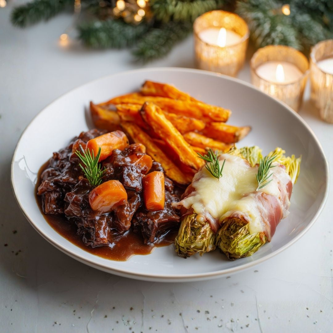 Wildstoof met zoete aardappelfriet en witlof met ham & kaas