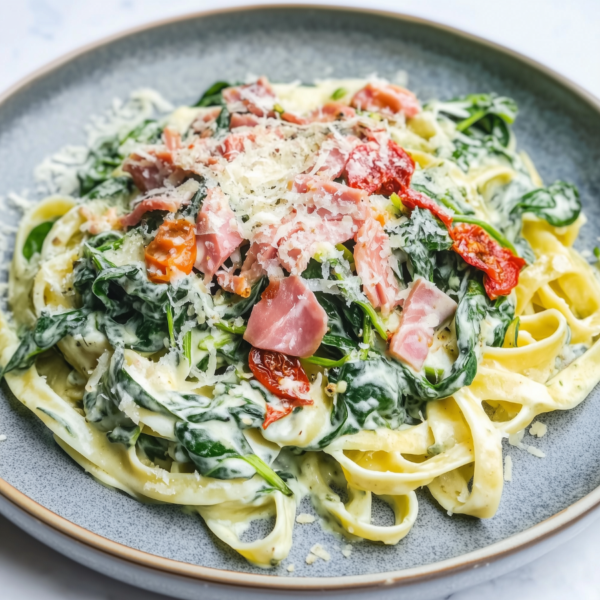 Tagliatelle in spinazie-roomsaus & hamreepjes!