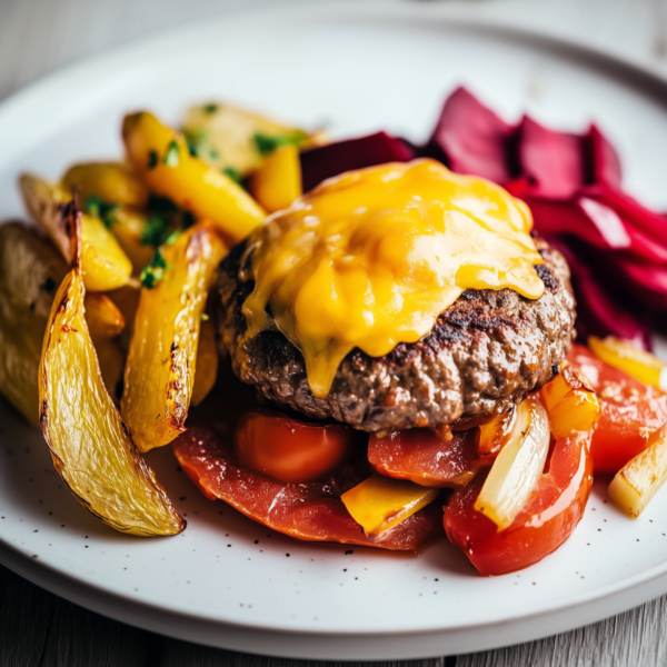 Cheeseburger met wedges van gele biet (!) en daarbij geroosterde groente! (koolhydraatarm)