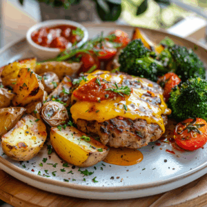 Cheeseburger met wedges en geroosterde groente!