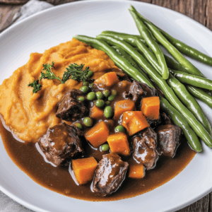 Bourgondische runderstoof met zoete aardappelpuree & sperziebonen!