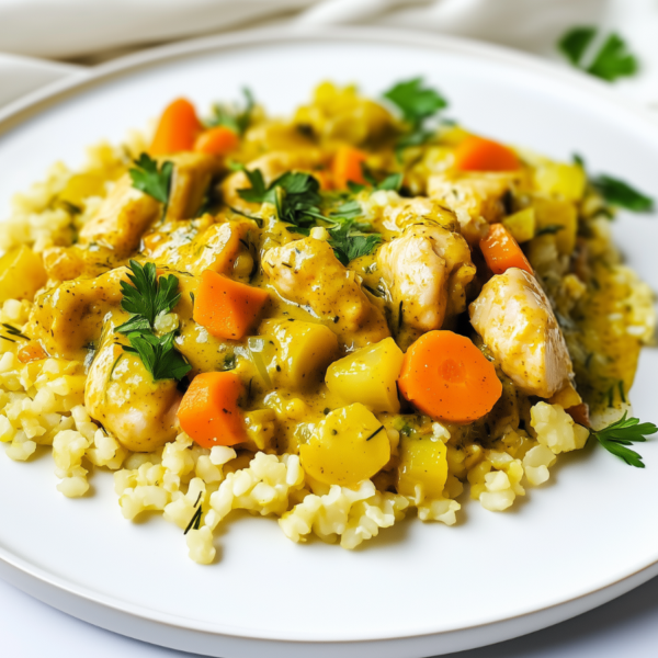 Bloemkoolcouscous met prei & kip in kerriesaus! (koolhydraatarm)