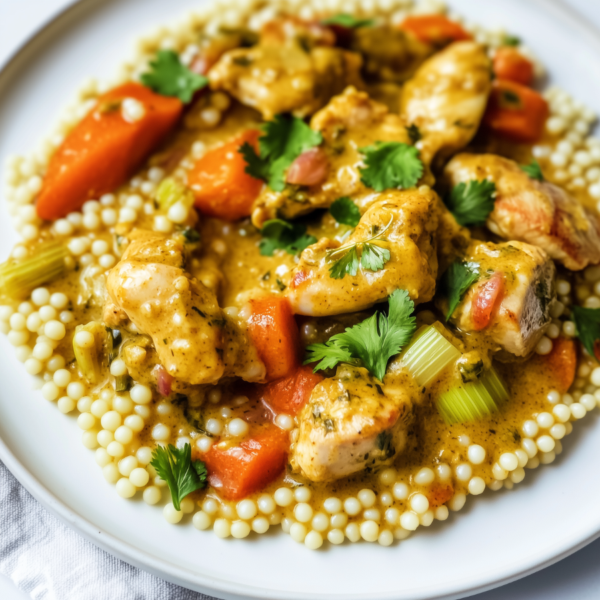 Parelcouscous met prei & kip in kerriesaus!