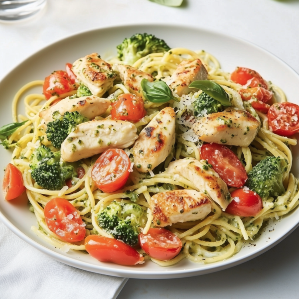 Spaghetti in basilicumsaus met kippendij en groente!