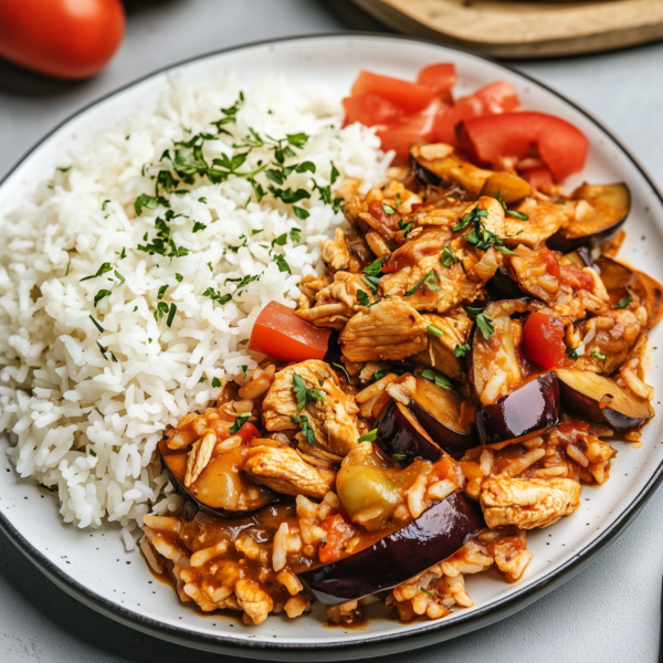 Turkse Rijst met kipshoarma en aubergine