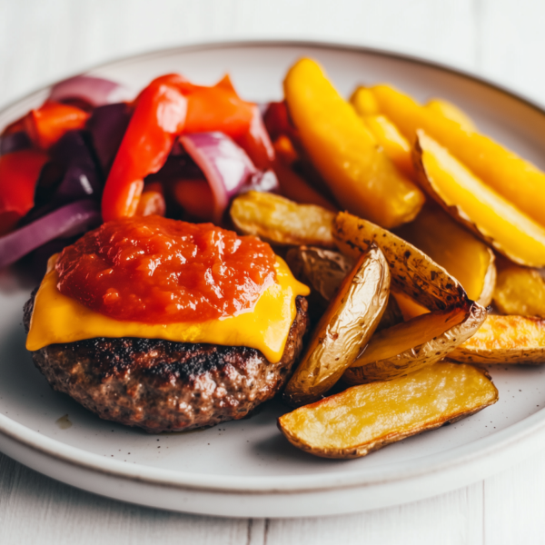 Cheeseburger met wedges en geroosterde groente!