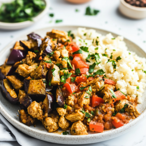 Turkse groenterijst met kipshoarma en aubergine (koolhydraat beperkt)