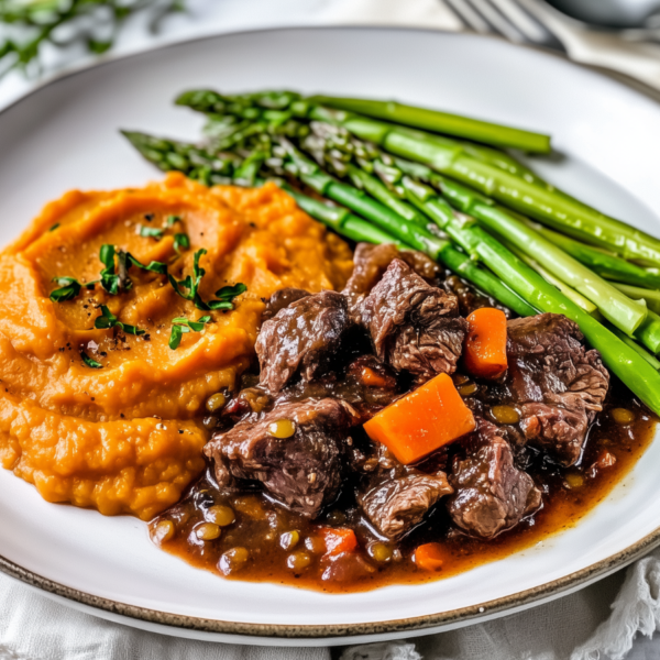 Bourgondische runderstoof met zoete aardappelpuree & groene asperges!