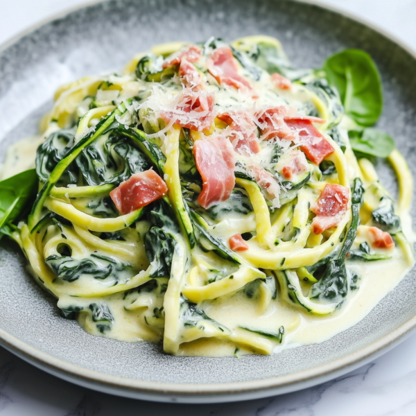 Courgetti in spinazie-roomssaus & hamreepjes! (koolhydraatarm)