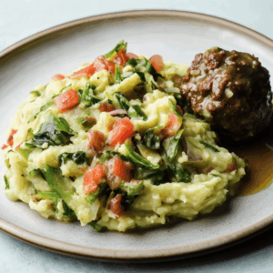 Nieuw: Stamppot andijvie met pesto, cherrytomaat & gehaktbal!
